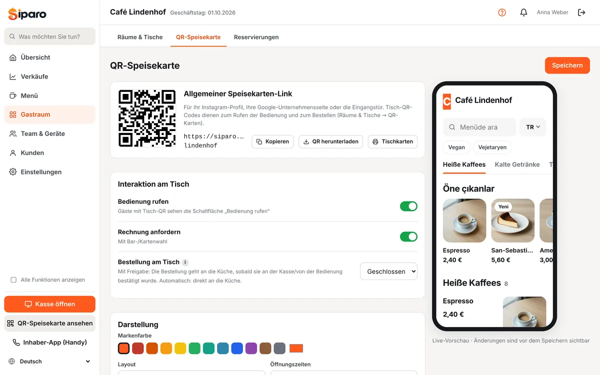 Einstellungen der QR-Speisekarte