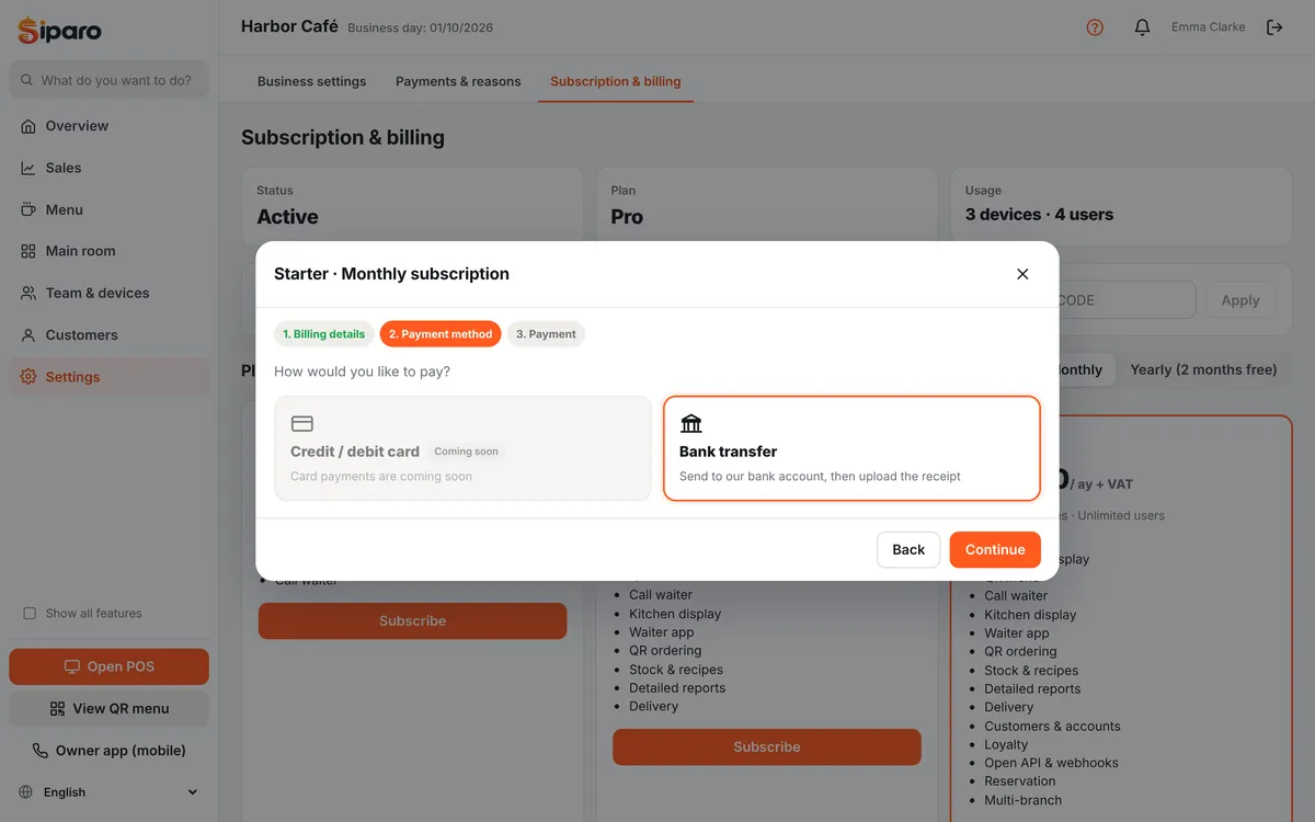 Choosing a payment method: bank transfer available, card coming soon