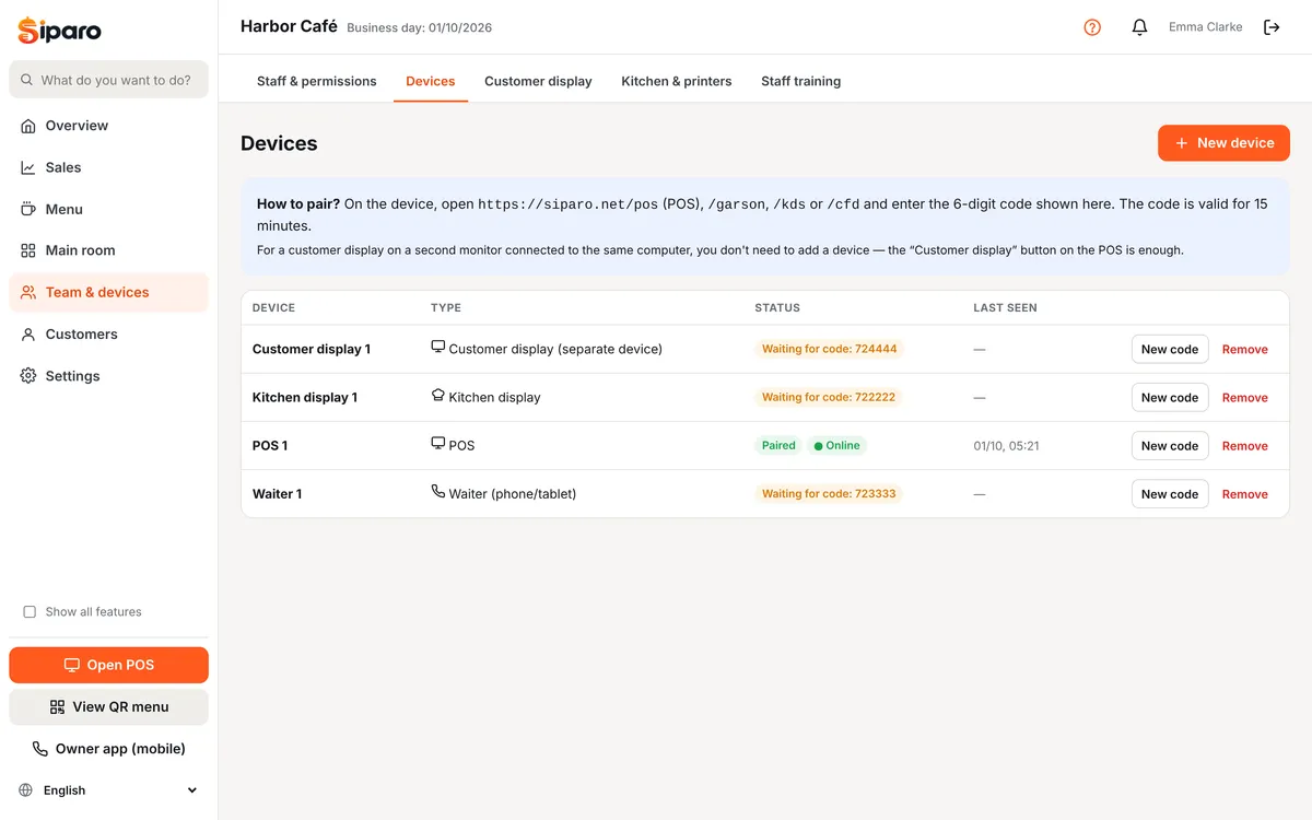 Devices page and pairing code