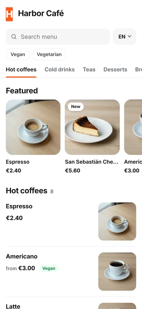 QR menu on a phone
