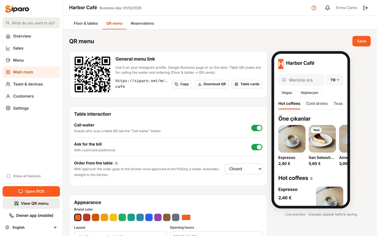 QR menu settings